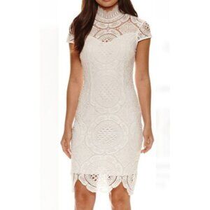 Bisou Bisou Michele Bohbot White Lace Dress High Neck Short Sleeve Size 2